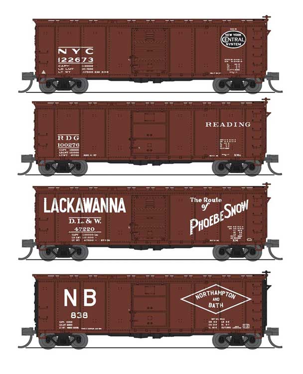 Broadway Limited USRA 40' Steel Boxcar 4-Pack - Ready to Run -- Set D 1 Each: NYC, RDG, DL&W (Phoebe), Northampton & Bath (Boxcar Red) - BLI7273