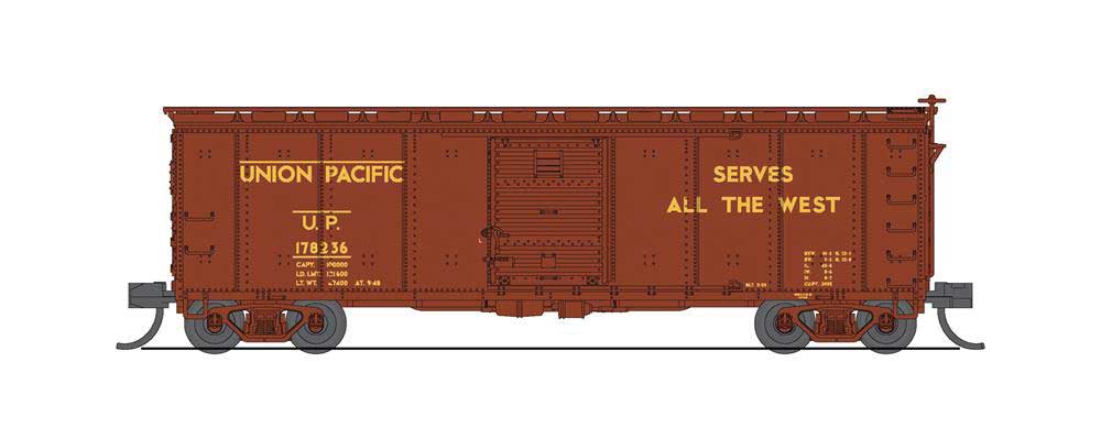 Broadway Limited USRA 40' Steel Boxcar 2-Pack - Ready to Run -- Union Pacific (Boxcar Red, yellow, Serves all the West Slogan) - BLI7284