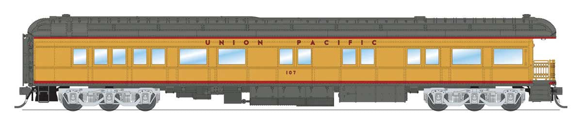 Broadway Limited HO Heavyweight Business Car Observation - Ready to Run -- Union Pacific #107 (Armour Yellow, gray, red)