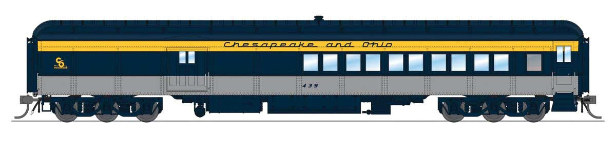 Broadway Limited HO Heavyweight Coach-Baggage-Combine - Ready to Run -- Chesapeake & Ohio #439 (blue, gray, yellow)