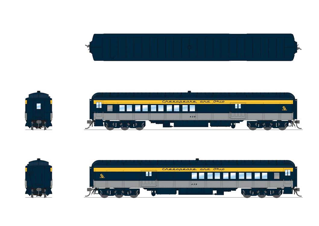 Broadway Limited HO Heavyweight Coach-Baggage-Combine - Ready to Run -- Chesapeake & Ohio #458 (blue, gray, yellow)