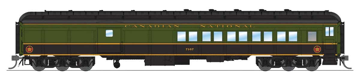 Broadway Limited HO Heavyweight Coach-Baggage-Combine - Ready to Run -- Canadian National #7185 (1950s Scheme, green, black, yellow)