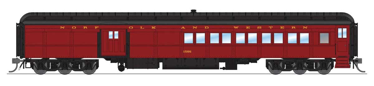 Broadway Limited HO Heavyweight Coach-Baggage-Combine - Ready to Run -- Norfolk & Western #1506 (maroon, black)