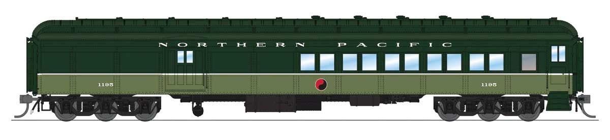 Broadway Limited HO Heavyweight Coach-Baggage-Combine - Ready to Run -- Northern Pacific #1195 (Loewy 2-Tone Green)