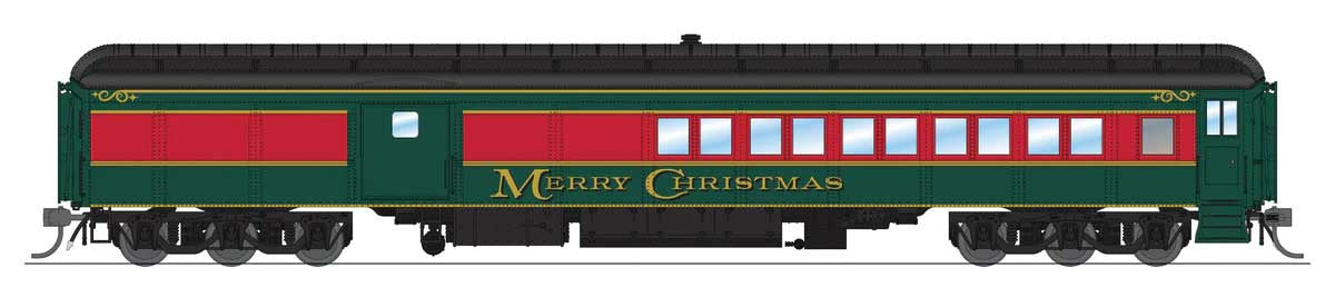 Broadway Limited HO Heavyweight Coach-Baggage-Combine - Ready to Run -- Christmas Holiday Scheme (green, black, red)