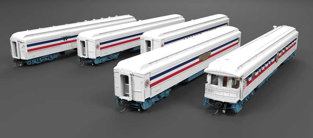 Broadway Limited HO Heavyweight 5-Car Combine, 3 P70 Coach, Business Car Set - Ready to Run -- American Freedom Train (1947 Scheme; white, red, blue, gold)
