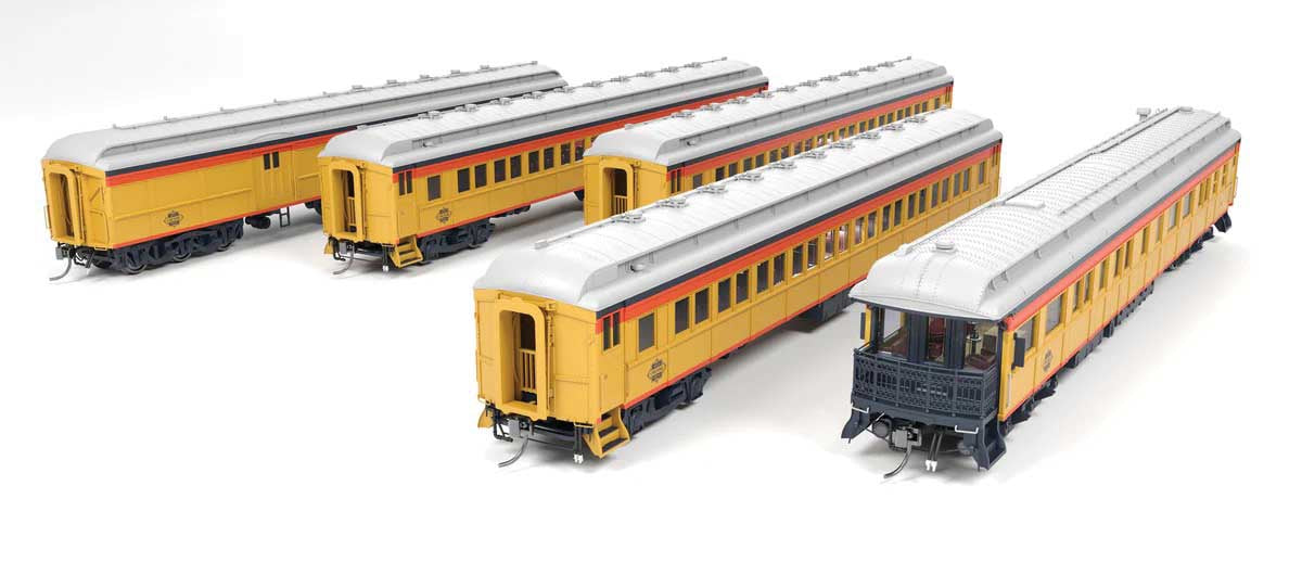 Broadway Limited HO Heavyweight 5-Car Combine, 3 P70 Coach, Business Car Set - Ready to Run -- Chessie Steam Special (yellow, blue, vermillion, silver)