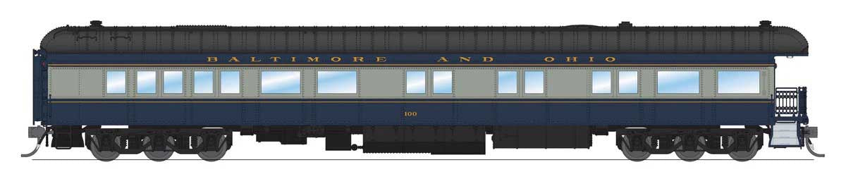 Broadway Limited HO Heavyweight Business Car Observation - Ready to Run -- Baltimore & Ohio #100 (blue, gray, black)
