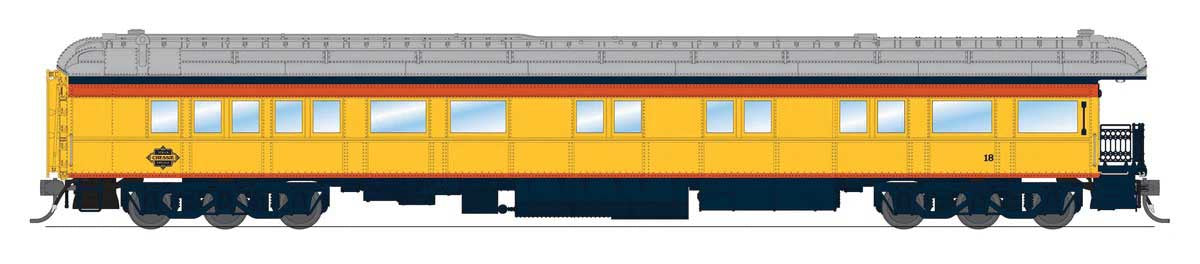 Broadway Limited HO Heavyweight Business Car Observation - Ready to Run -- Chessie Steam Special #18 (yellow, blue, vermillion, silver)