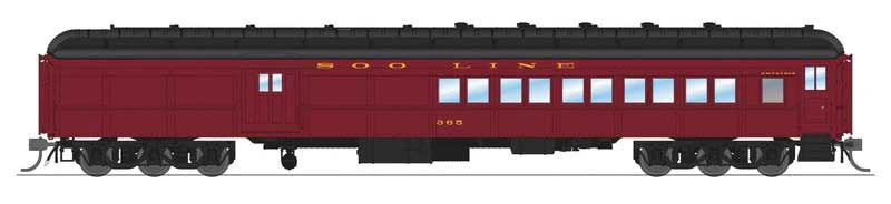 Broadway Limited HO Heavyweight Coach-Baggage-Combine - Ready to Run -- Soo Line #365 (maroon, black)