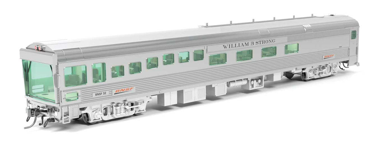 Broadway Limited HO Track Inspection Theater Car - Ready to Run -- BNSF Railway #32 William Barstow Strong (2013-2018, stainless, Wedge Logo)