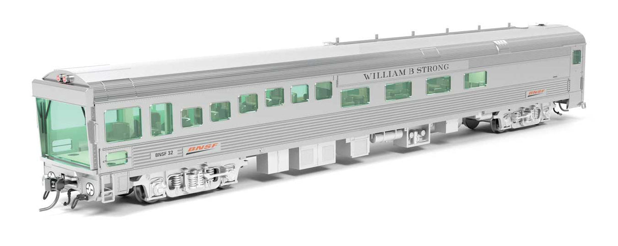 Broadway Limited HO Track Inspection Theater Car - Ready to Run -- BNSF Railway #32 William Barstow Strong (2018-2025, stainless, Wedge Logo)
