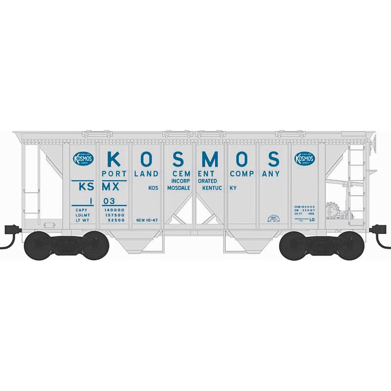 Bowser HO 70-Ton 2-Bay Covered Hopper w/Open Sides - Ready to Run - Executive Line -- Kosmos Cement #103 (Blt. 10-47 Repack 10-47, gray, blue, billboard lettering