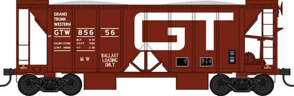 Bowser HO 70-Ton 2-Bay Ballast Hopper with Side Chutes (Ballast Gates) - Ready to Run -- Grand Trunk Western #85677 (Boxcar Red, white)