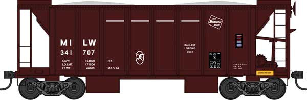 Bowser HO 70-Ton 2-Bay Ballast Hopper with Side Chutes (Ballast Gates) - Ready to Run -- Milwaukee Road #341744 (Boxcar Red, white, TMR & Hiawatha Logos)