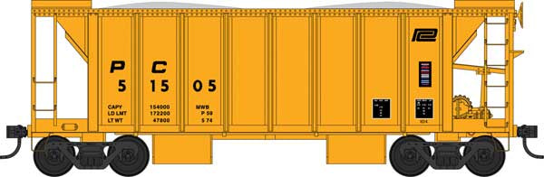 Bowser HO 70-Ton 2-Bay Ballast Hopper with Side Chutes (Ballast Gates) - Ready to Run -- Penn Central #51505 (yellow)