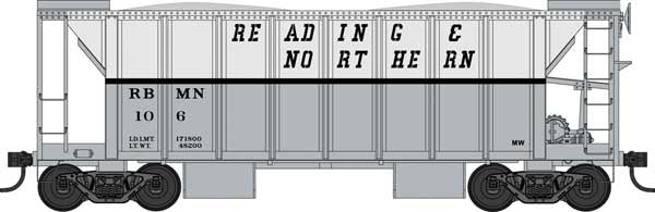 Bowser HO 70-Ton 2-Bay Ballast Hopper with Side Chutes (Ballast Gates) - Ready to Run -- Reading and Northern #113 (gray, white)