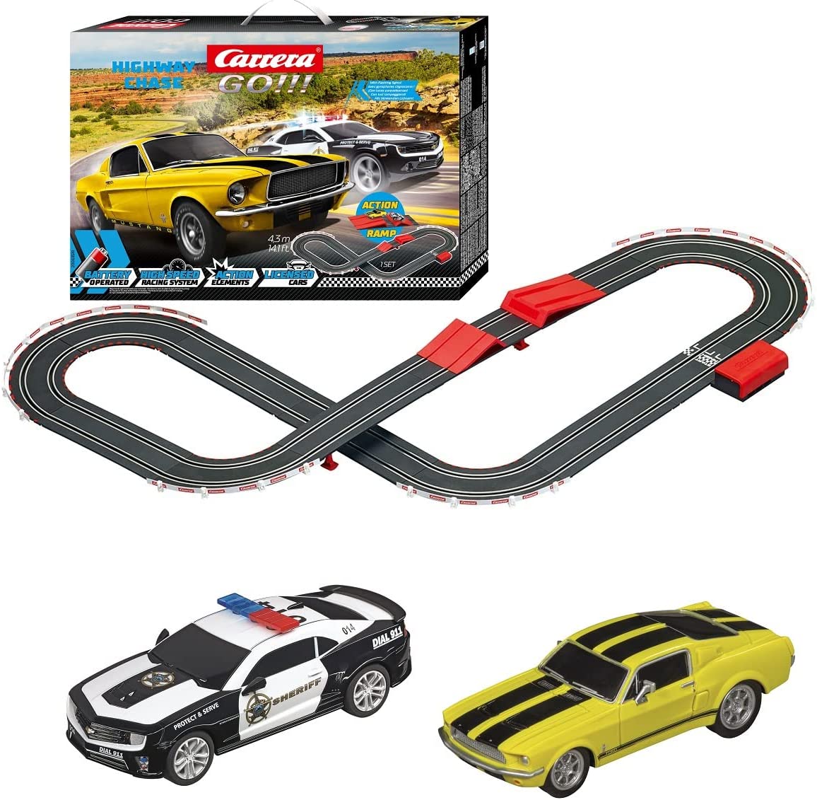 Carrera GO!!! 63519 Battery Operated 1:43 Scale Slot Car Racing Set with Jump Ramp, Highway Chase - CAR63519