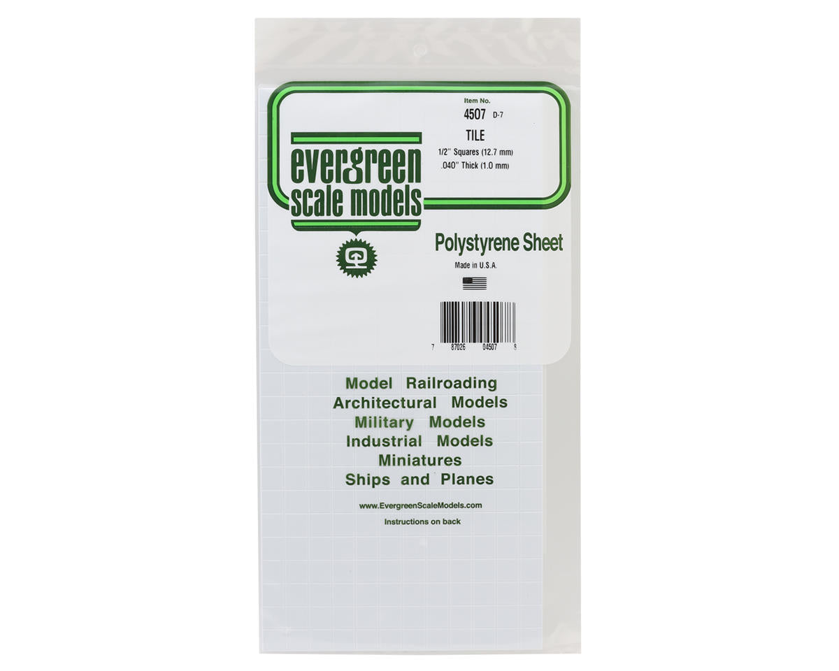 Evergreen Styrene Square Tile - .040 x 6 x 12" .1 x 15.2 x 30.5cm -- 1/2" 1.27cm Square
