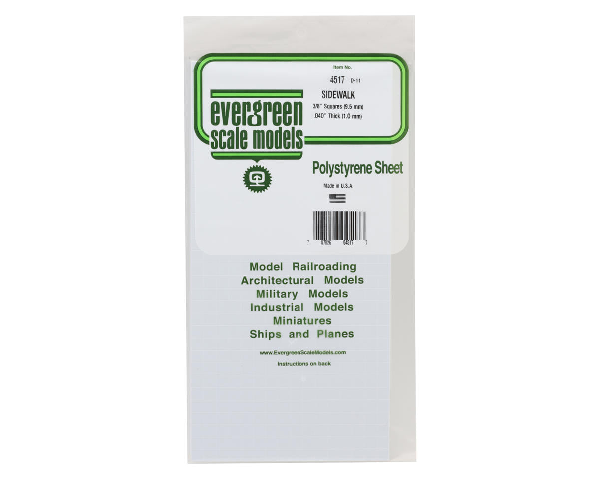 Evergreen Styrene Sidewalk Sheet - .040 x 6 x 12" .1 x 15.2 x 30.5cm -- 3/8" 1cm Squares
