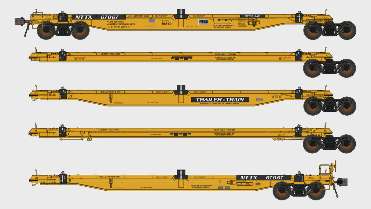 Class One Model Works HO NTTX BSF50 COFC Spine Car - 5 Unit - As-Delivered TrailerTrain w/o Anti-Skid NTTX 67067