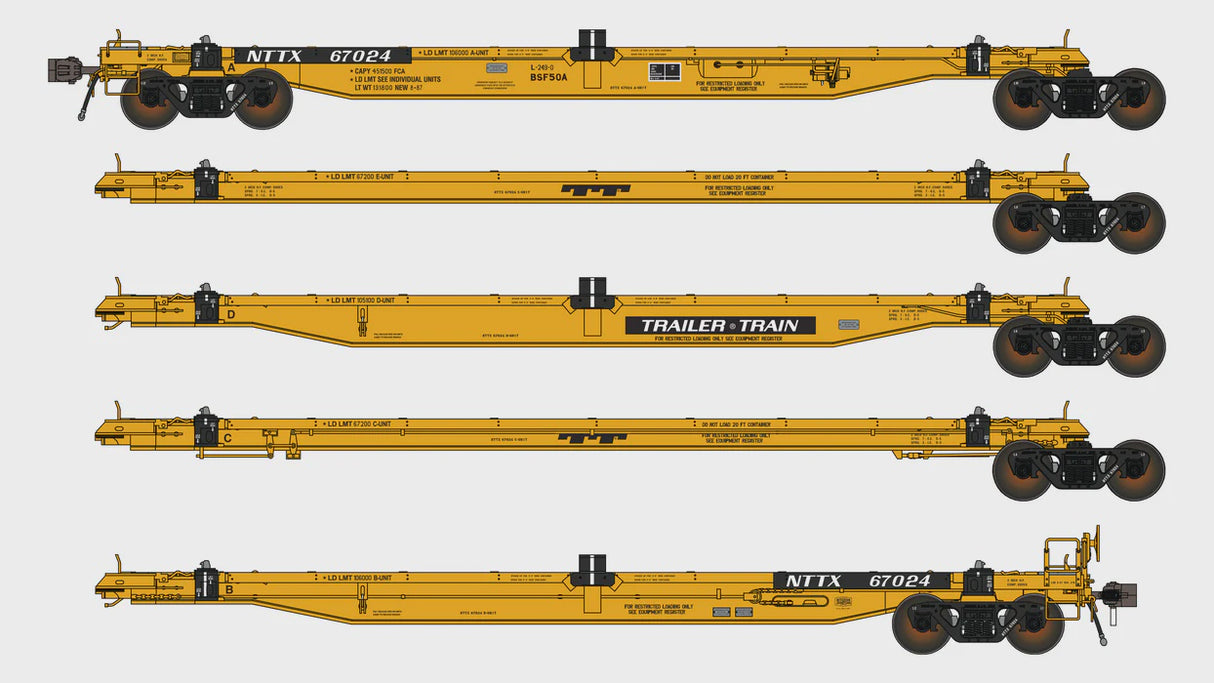 Class One Model Works HO NTTX BSF50A COFC Spine Car - 5 Unit - As-Delivered TrailerTrain NTTX 67024