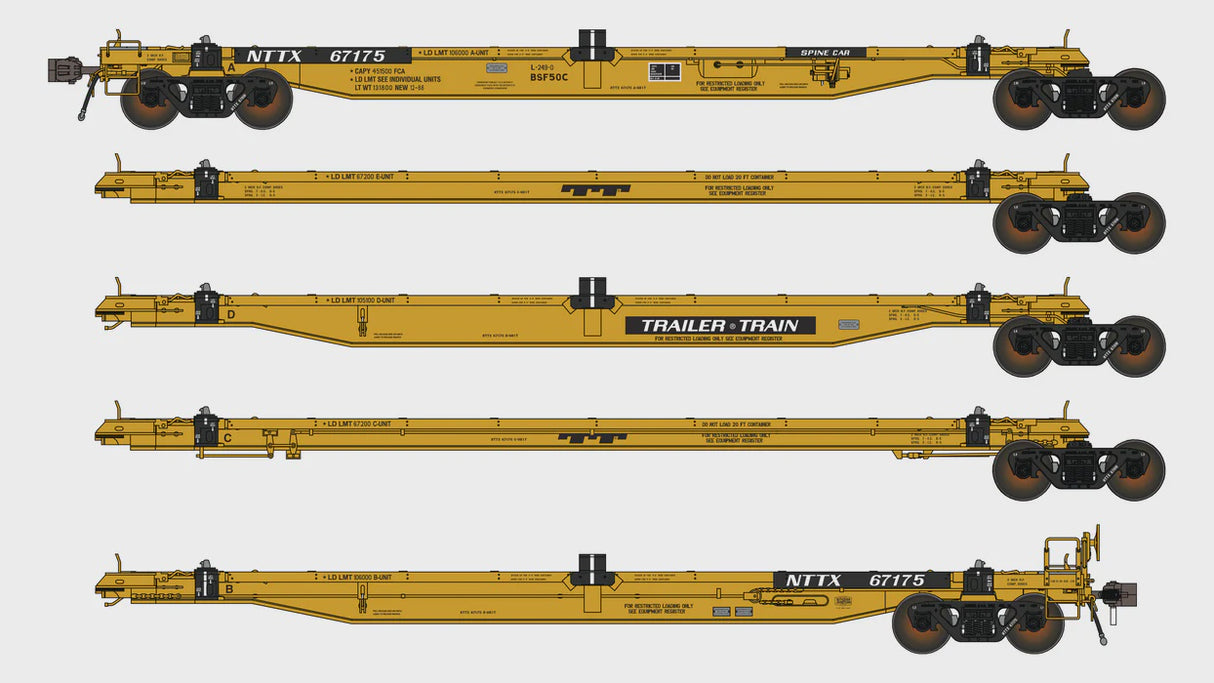 Class One Model Works HO NTTX BSF50C COFC Spine Car - 5 Unit - TrailerTrain Aged Paint NTTX 67198
