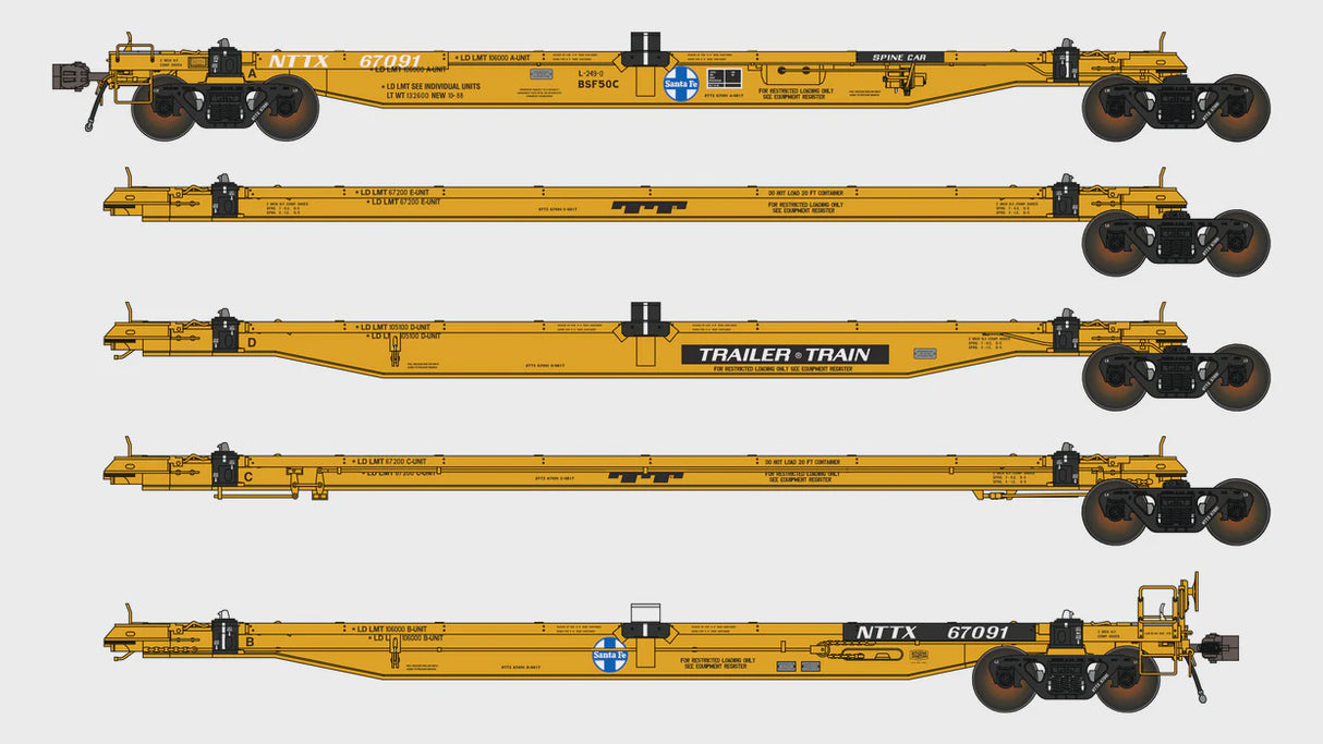 Class One Model Works HO NTTX BSF50C COFC Spine Car - 5 Unit - As-Delivered TrailerTrain - ATSF Logo NTTX 67091