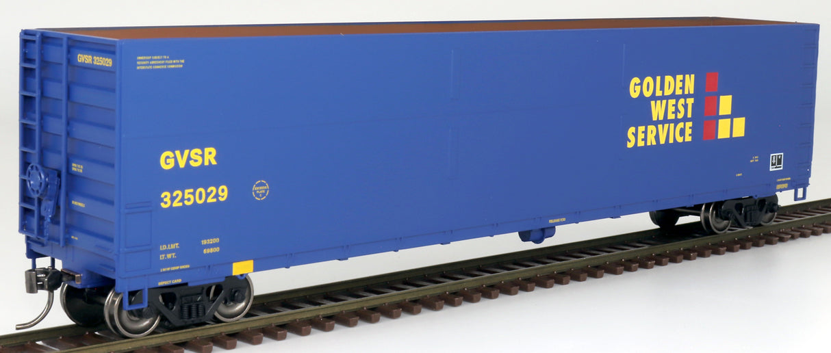 Intermounain Railway FMC Welded-Side Wood Chip Gondola - Ready to Run - Value Line -- Golden West Service GVSR (blue, yellow, red) - IMR4521002