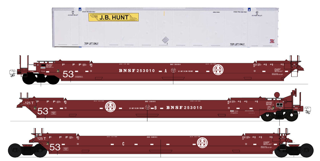 Intermountain HO Maxi IV Stack 3-Car Set w/6 53' Containers- Ready to Run -- BNSF Railway (Boxcar Red, Circle/Cross Logo, JB Hunt Containers)