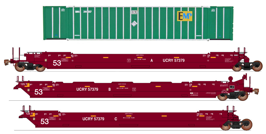 Intermountain HO Maxi IV Stack 3-Car Set w/6 53' Containers- Ready to Run -- Utah Central UCRY (Boxcar Red, EMP Containers)