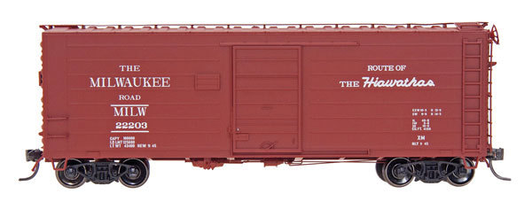 40' Rib-Side Boxcar - Ready to Run -- Milwaukee Road (Boxcar Red, Hiawatha Slogan, Original Doors)