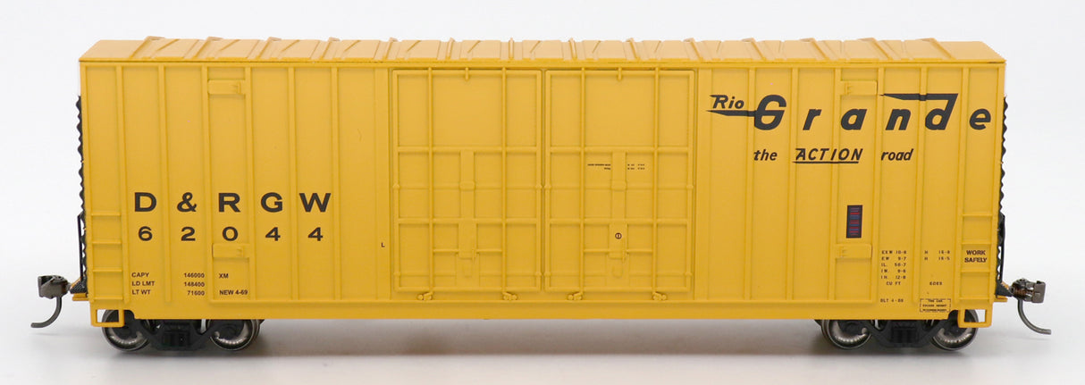 Intermountain Railway Gunderson 50' Hi-Cube Double-Plug Door Boxcar, Peaked Roof - Ready to Run -- Denver & Rio Grande Western (Aspen Gold, black, Flying Grande, Action Road) - IMR6134001