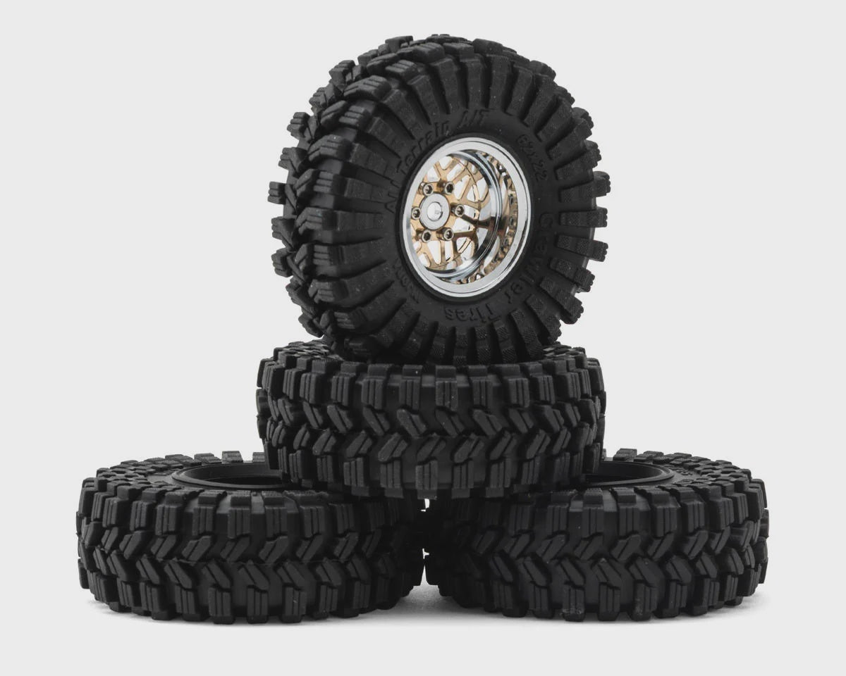 Injora 1.0" Deep Dish Aluminum Micro Crawler Beadlock Wheels w/Swamp Claw Tires (S5) (Gold/Chrome) (4) (37g ea) (62mm OD)