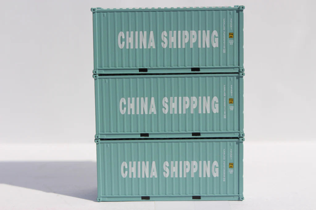 Jacksonville Terminal N-Scale China Shipping 20' Std. height containers with Magnetic system (3-pack), Corrugated-side. JTC-205476