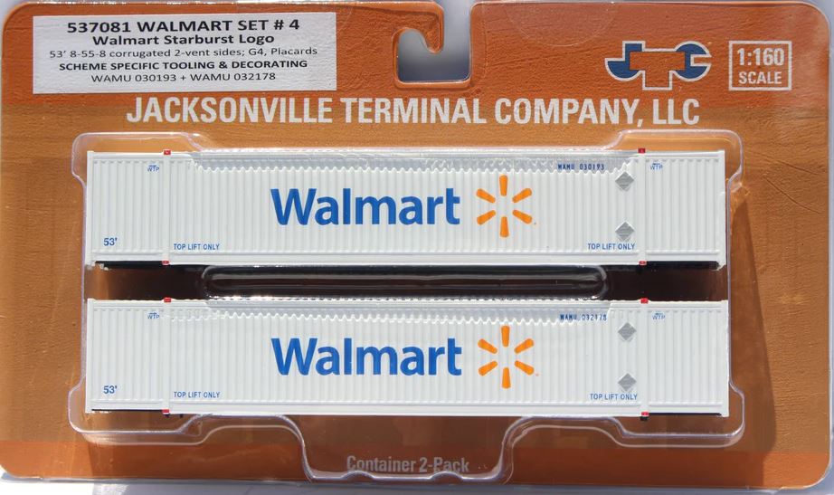 Jacksonville Terminal Walmart (star burst logo) New N Scale 8-55-8 Set #4 Corrugated container with placards. JTC# 537081