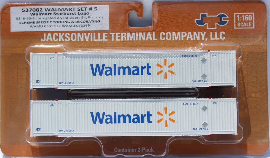 Jacksonville Terminal Walmart (star burst logo) 8-55-8 Set #5 Corrugated 4VI container with placards. JTC# 537082