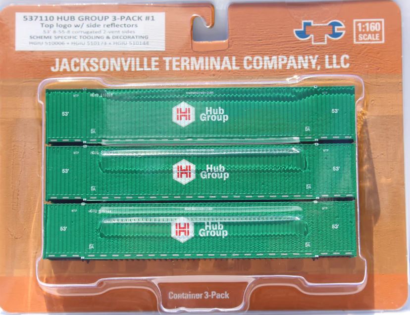 Jacksonville Terminal N-Scale HUB GROUP with Top Logo 53' HIGH CUBE 8-55-8 (3-pack) Set # 1 corrugated containers with stackable Magnetic system. JTC # 537110