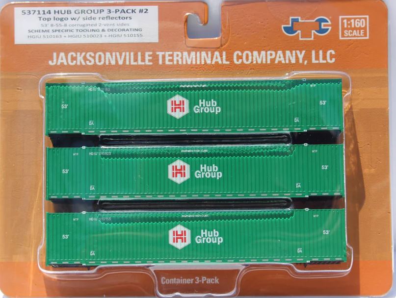 Jacksonville Terminal N-Scale HUB GROUP with Top Logo 53' HIGH CUBE 8-55-8 (3-pack) Set # 2 corrugated containers with stackable Magnetic system. JTC # 537114
