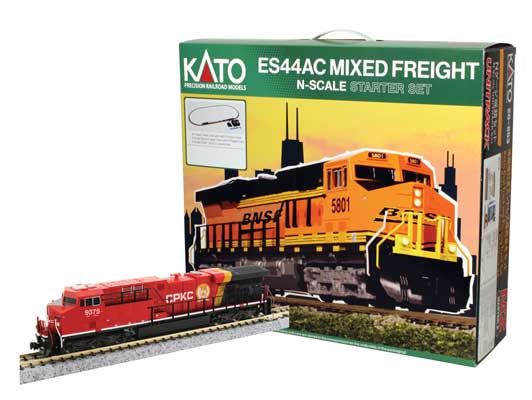 Kato N 106-0027 GE ES44AC GEVO Mixed Freight Starter Set - Standard DC -- Canadian Pacific Kansas City CPKC, 6 Cars, Unitrack Oval, Controller