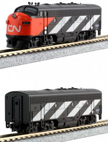 Kato N EMD F7 A-B Set - DCC/Sound Installed -- Canadian National 9080, 9057 (1960s black, white, red, CN Noodle Logo) - KAT1060425LS
