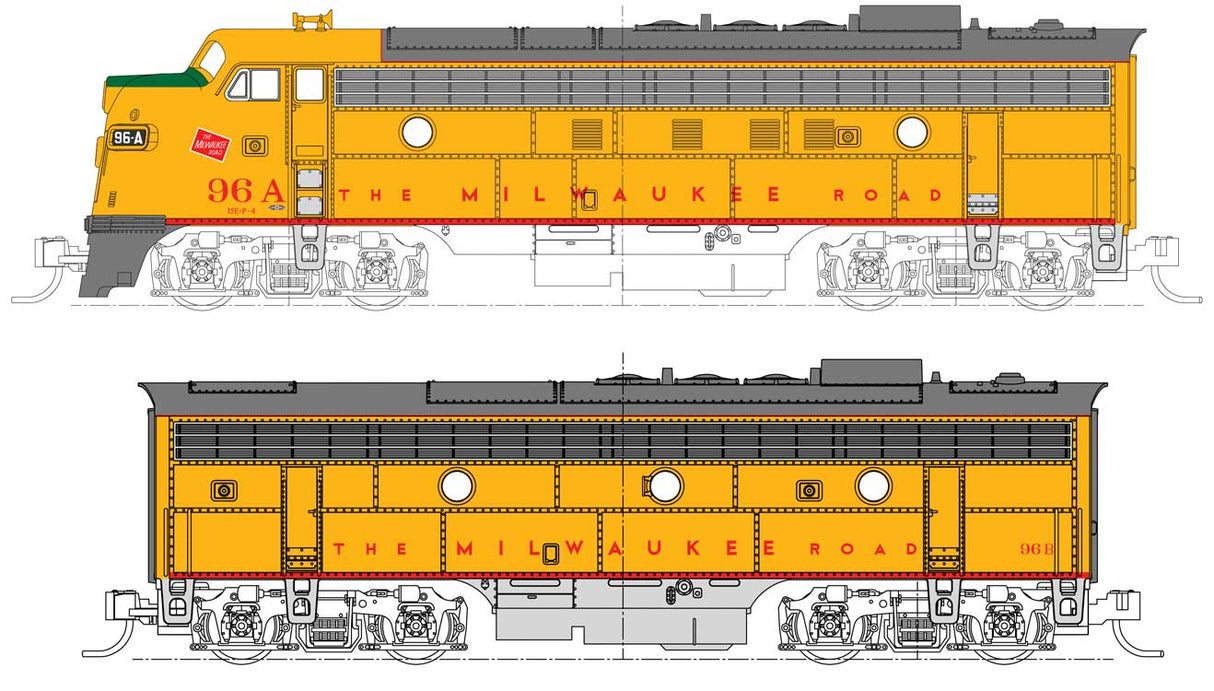 Kato N 106-0432 EMD FP7A-F7B Set - Standard DC -- Milwaukee Road #96A, 96B (Post 1955, Armour Yellow, gray, red)