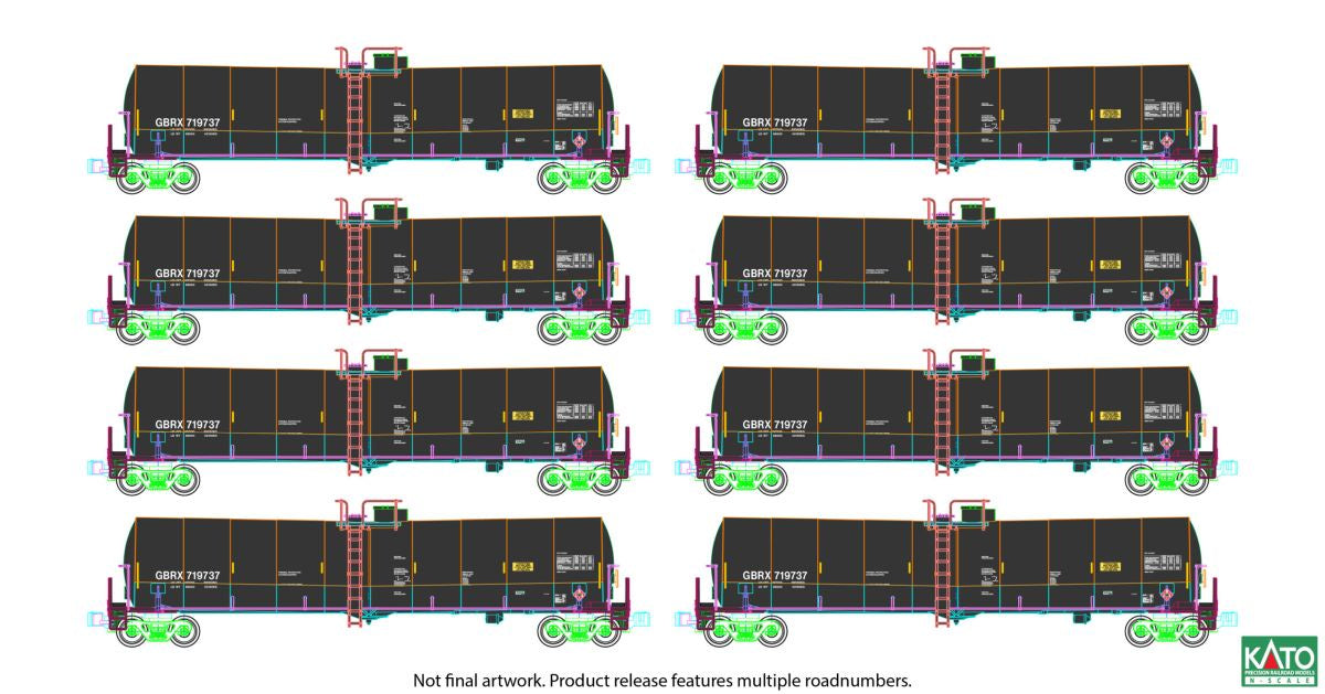 Kato N Greenbrier Tank Car 8 Pack - Ready to Run -- Greenbrier Leasing GBRX Set #1 (black, yellow conspicuity marks)