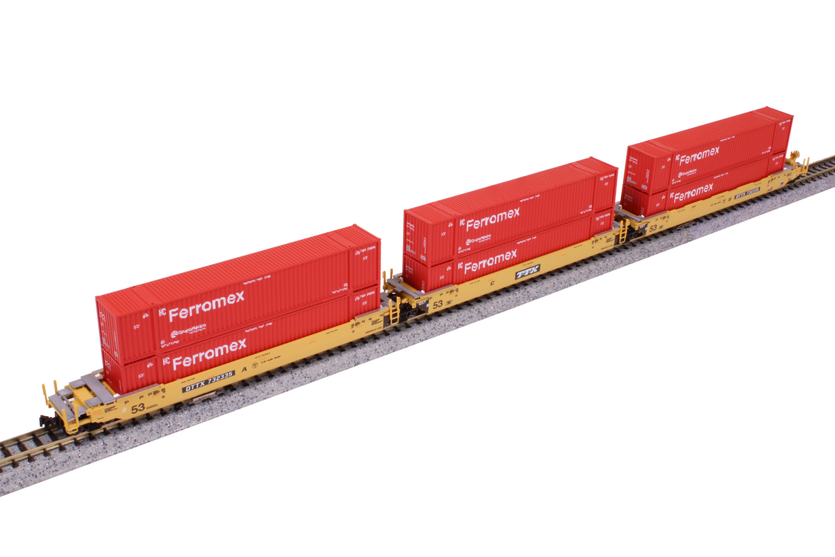 Kato 106-6188 N Gunderson MAXI-IV 3-Unit Well Car with 6 53' Containers - Ready to Run -- TTX DTTX #732335 (yellow, black, white, Ferromex Containers, red)