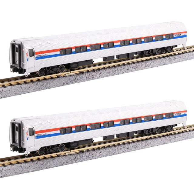 Kato 106-6293-1 N Amfleet II Coach with Interior Lights 2-Pack - Ready to Run -- Amtrak #25068, 25000 (Phase III, equal red, white, blue stripes)