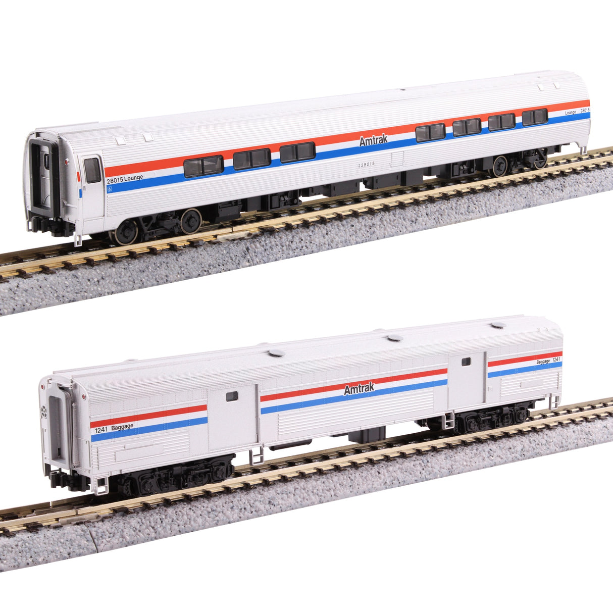 Kato 106-6294-1 N Amfleet II Lounge, 73' Baggage Car Set with Interior Lights - Ready to Run -- Amtrak #28023, 1212 (Phase III, equal red, white, blue stripes)
