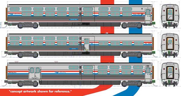 Kato HO Viewliner II Set - 2 Sleepers, Diner, Baggage-Dorm - Ready to Run -- Amtrak (Phase III; silver, red, white, blue)
