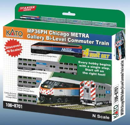 Kato 106-8701S Chicago Metra Bi-Level Commuter Train-Only Set - Sound and DCC -- MP36PH, 2 Bi-Level Coaches, Bi-Level Cab Car