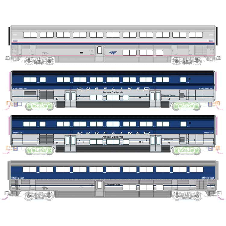 Kato N Pacific Surfliner Add-On Set - Standard DC -- Amtrak (2 Surfliner, 2 Superliner Coaches; 3: blue, silver; 1: Phase IV)