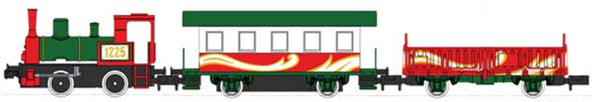 Kato N-Scale Christmas Train-Only Set - Standard DC - Pocket Line -- 0-4-0T #1225, Powered Passenger Car, Gondola (Christmas Colors)